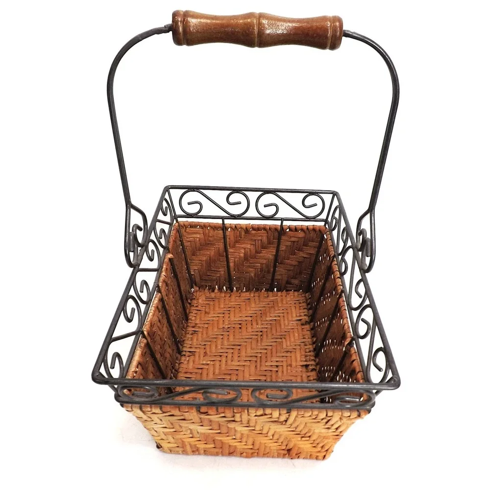 Scrollwork Metal & Woven Wicker Handle Basket - 7x11 x 5